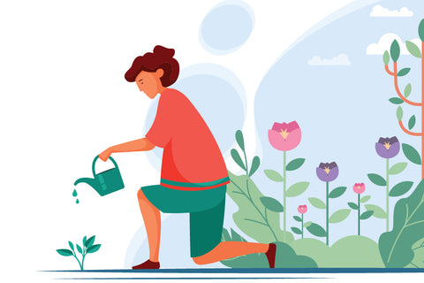 cartoon image of woman watering plant 