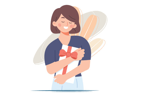 cartoon image of woman with present 